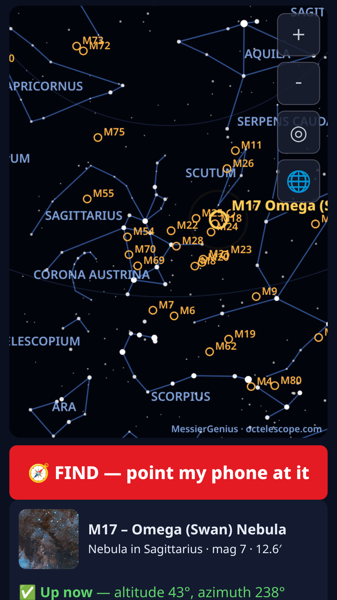 MessierGenius screenshot: Live sky map