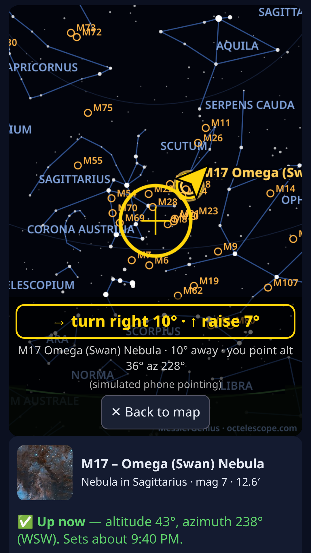 MessierGenius screenshot: FIND mode arrows